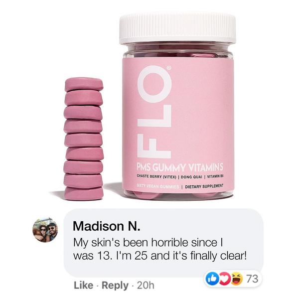 A static 1:1 image featuring a jar of PMS gummy vitamins alongside a customer testimonial screenshot, focusing on long-term skin health benefits.